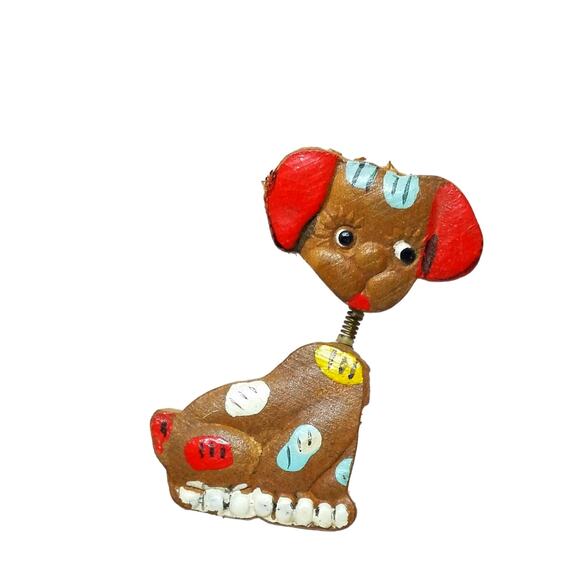 Vintage Bobble Head Dog Brooch Trembler Puppy Pin Hand Painted Wooden Figural - Picture 2 of 8